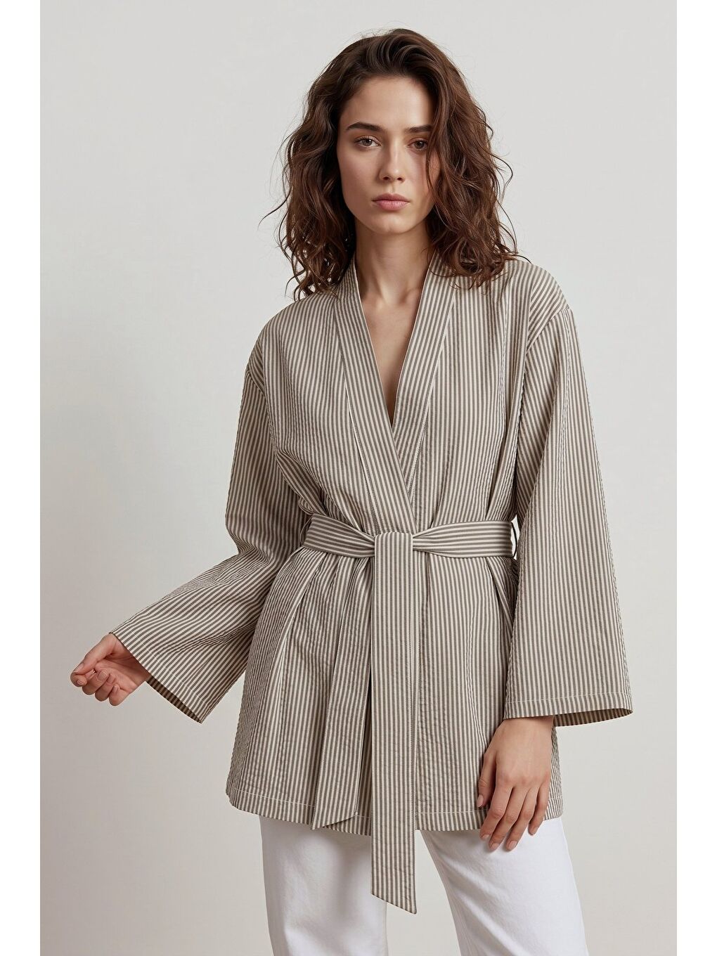 Kahverengi Kahve Kadın Dikey Çizgili Geniş Kollu Yazlık Relaxed Kimono-2