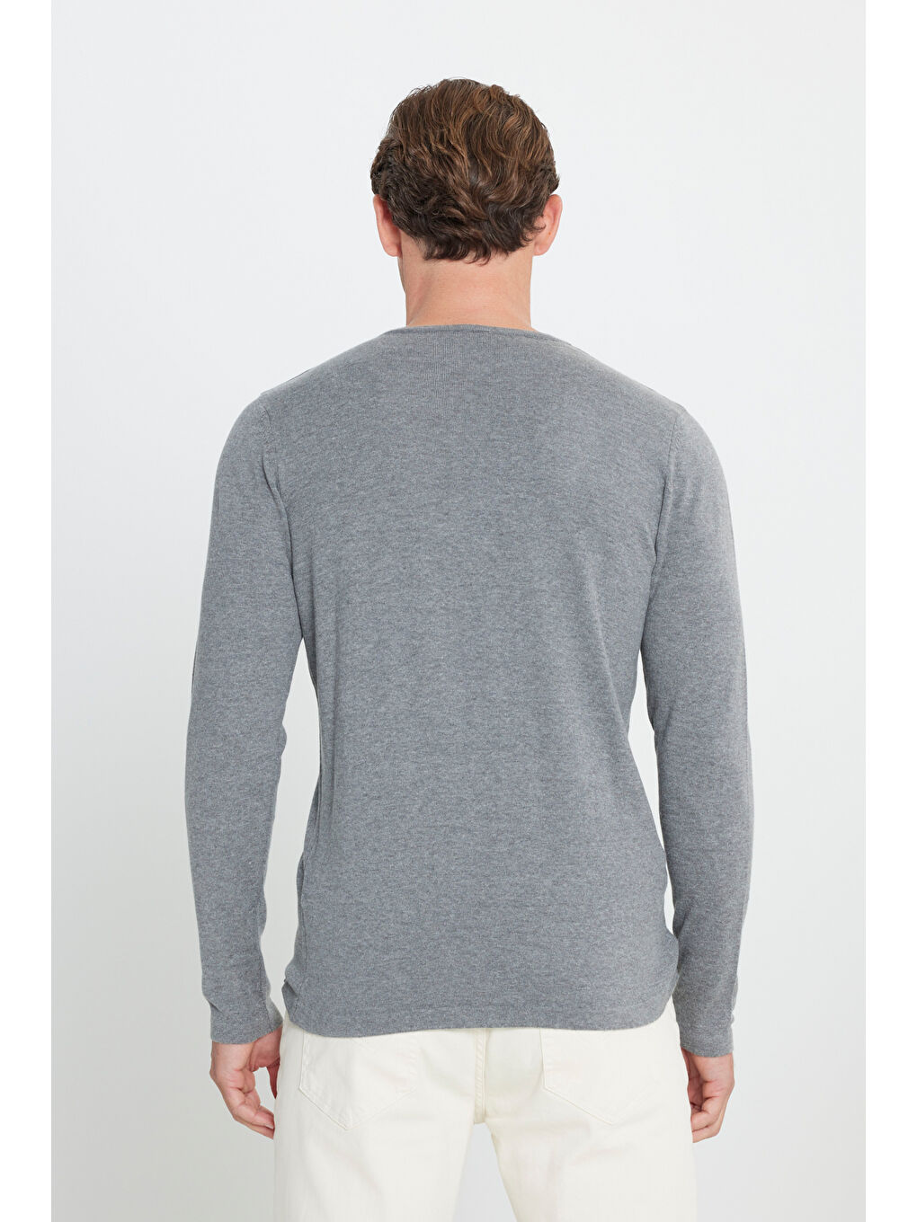 Erkek Gri Melanj Standart Fit Normal Kesim Bisiklet Yaka Triko Kazak-4