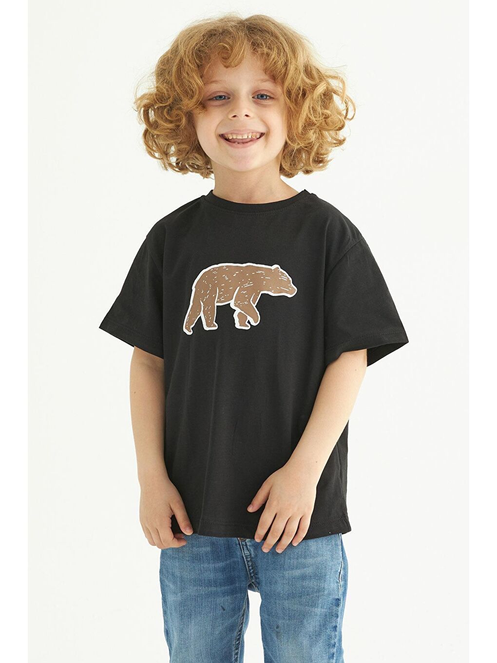 Bisiklet Yaka Kısa Kol Ayı Baskılı Siyah Renk Erkek Çocuk Tshirt