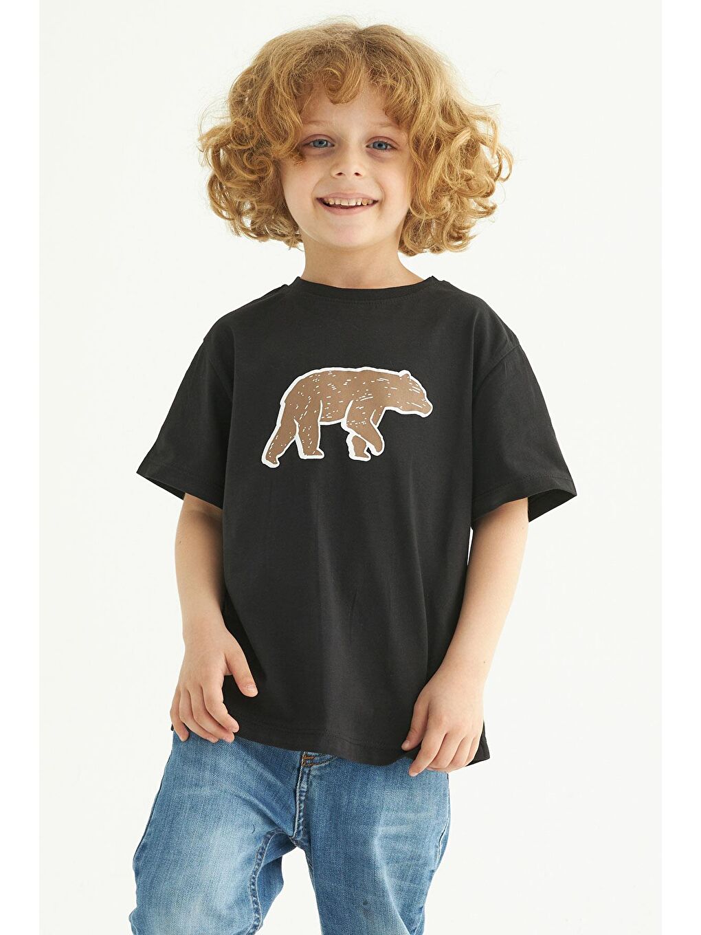 Bisiklet Yaka Kısa Kol Ayı Baskılı Siyah Renk Erkek Çocuk Tshirt-1