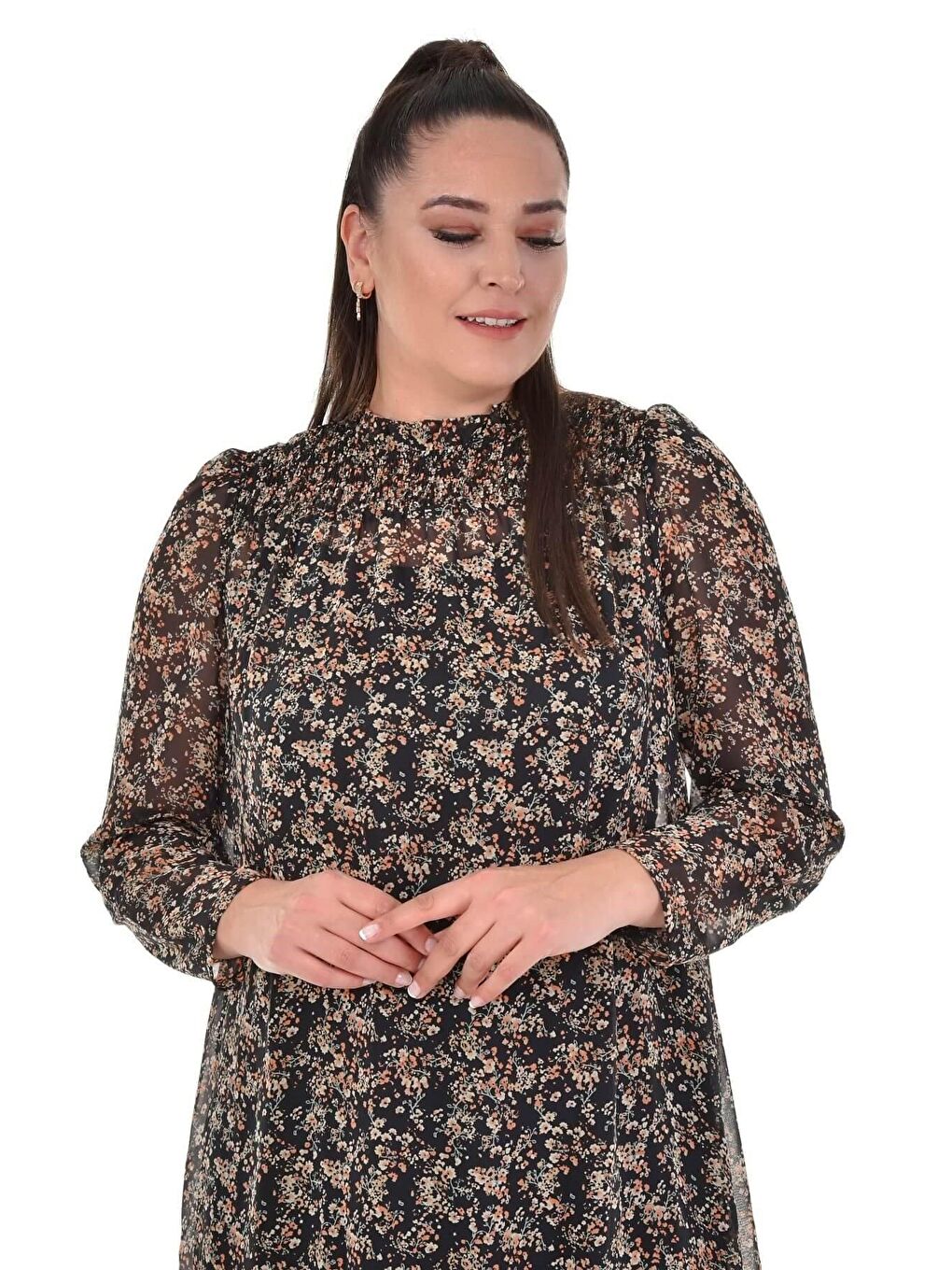 Siyah Astarlı Şifon Gipe Detaylı Elbise-4