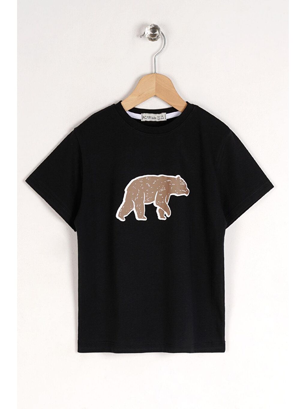 Bisiklet Yaka Kısa Kol Ayı Baskılı Siyah Renk Erkek Çocuk Tshirt-2