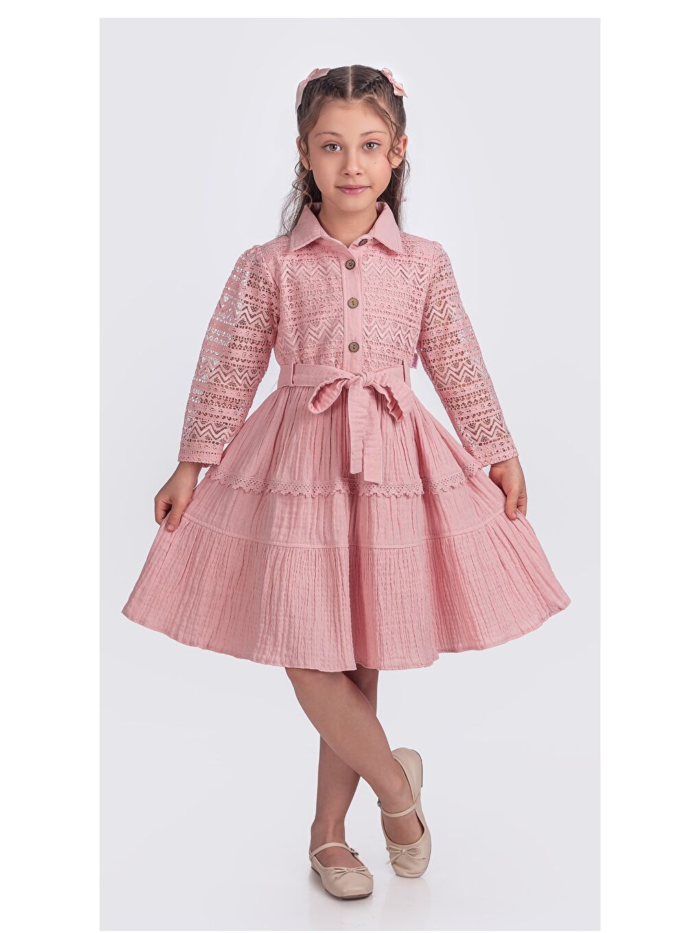 Pembe Kız Çocuk Uzun Kollu Gupürlü Kuşaklı Düğmeli Elbise ELB.2699