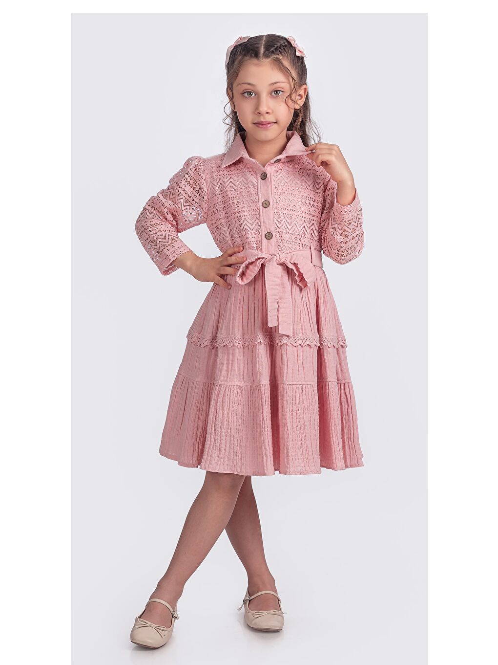 Pembe Kız Çocuk Uzun Kollu Gupürlü Kuşaklı Düğmeli Elbise ELB.2699-1
