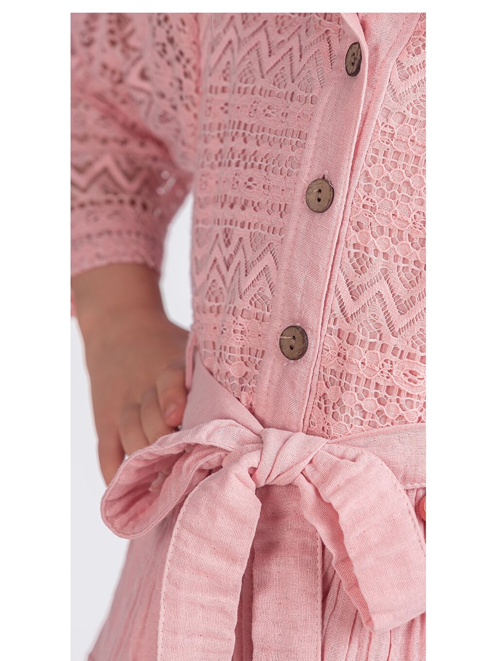 Pembe Kız Çocuk Uzun Kollu Gupürlü Kuşaklı Düğmeli Elbise ELB.2699-2