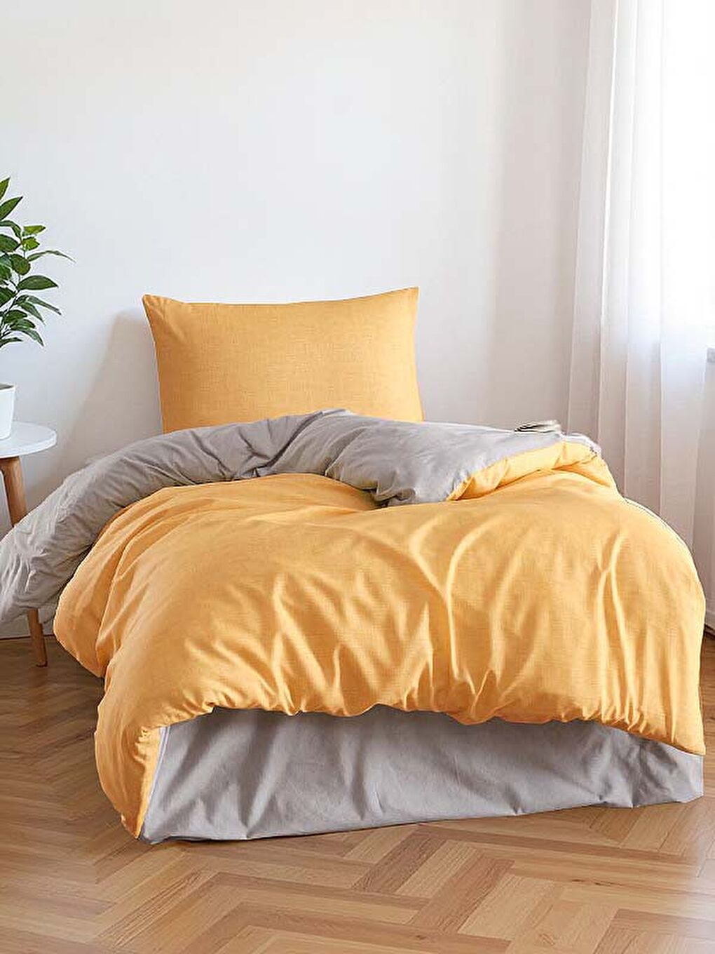 Tek Kişilik Kolay Ütülenir Nevresim Takımı Sarı Gri