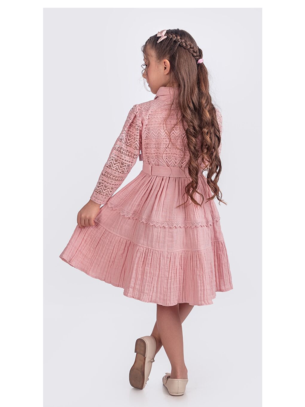 Pembe Kız Çocuk Uzun Kollu Gupürlü Kuşaklı Düğmeli Elbise ELB.2699-3