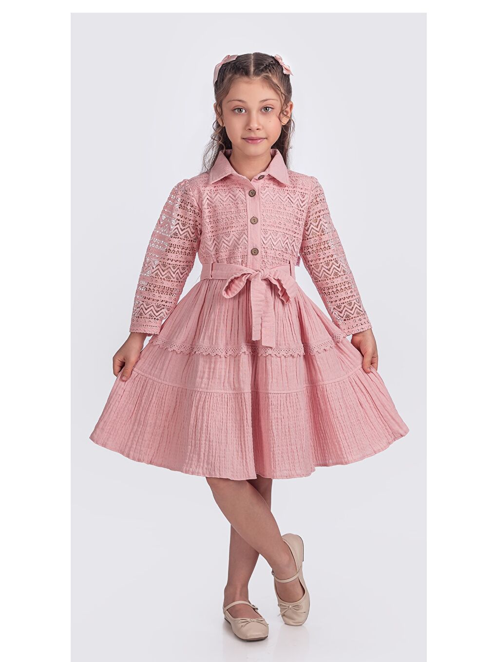 Pembe Kız Çocuk Uzun Kollu Gupürlü Kuşaklı Düğmeli Elbise ELB.2699-4