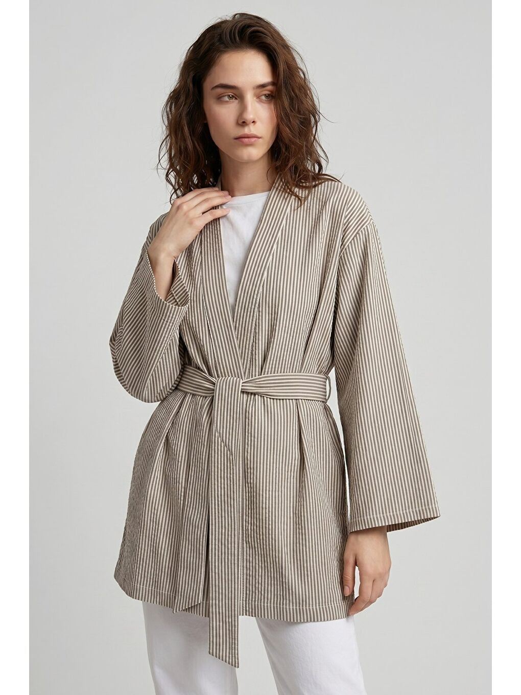 Kahverengi Kahve Kadın Dikey Çizgili Geniş Kollu Yazlık Relaxed Kimono-3