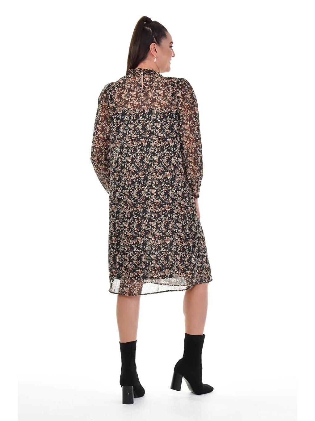 Siyah Astarlı Şifon Gipe Detaylı Elbise-5