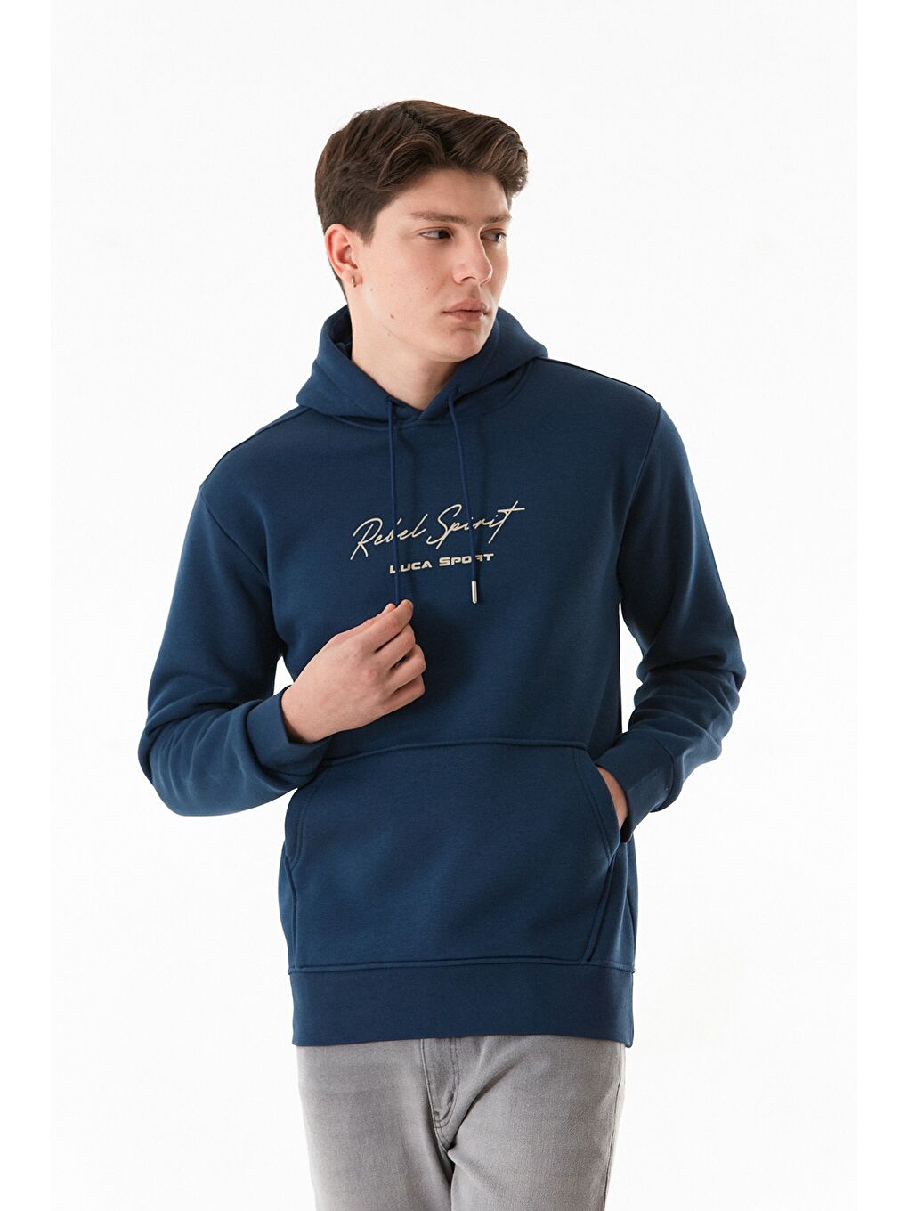 Fullamoda Lacivert 3 İplik Yazı Baskılı Kapüşonlu Sweatshirt - 2