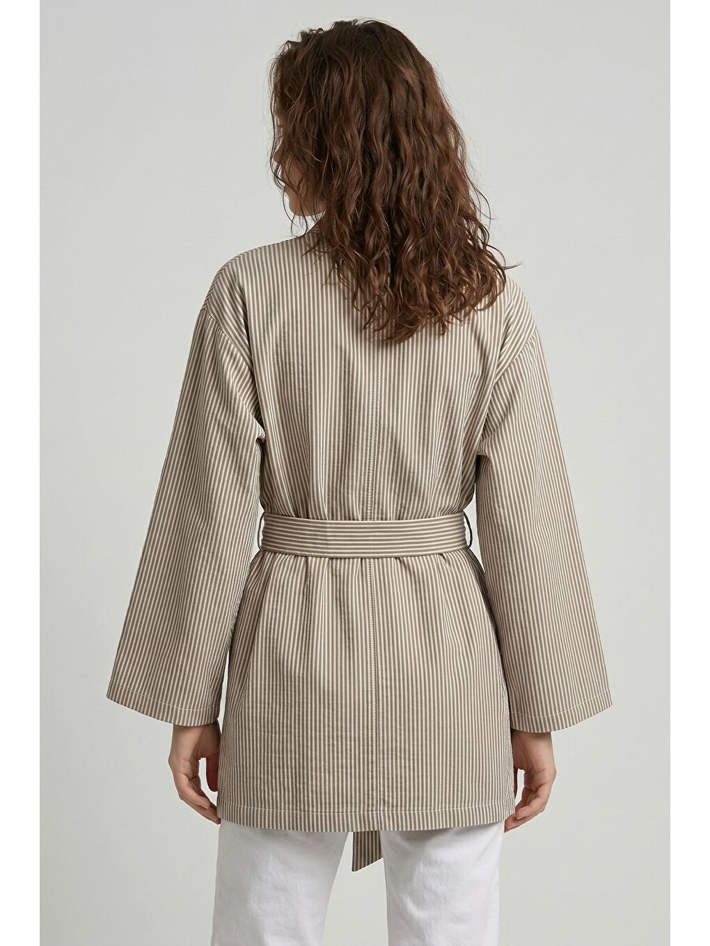 Kahverengi Kahve Kadın Dikey Çizgili Geniş Kollu Yazlık Relaxed Kimono-4