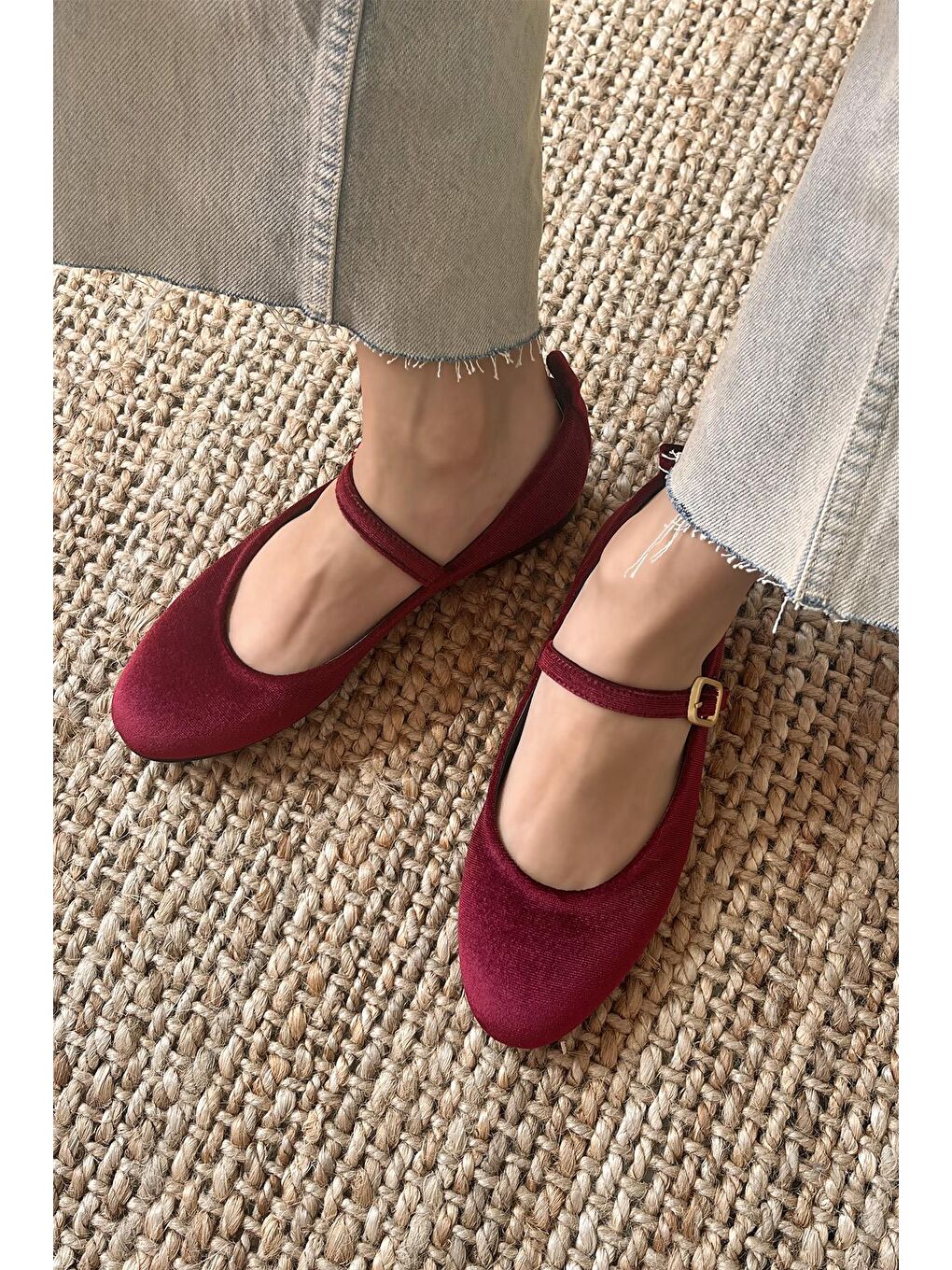 Hollie Kadın Kemer Detay Kadife Babet Bordo-1