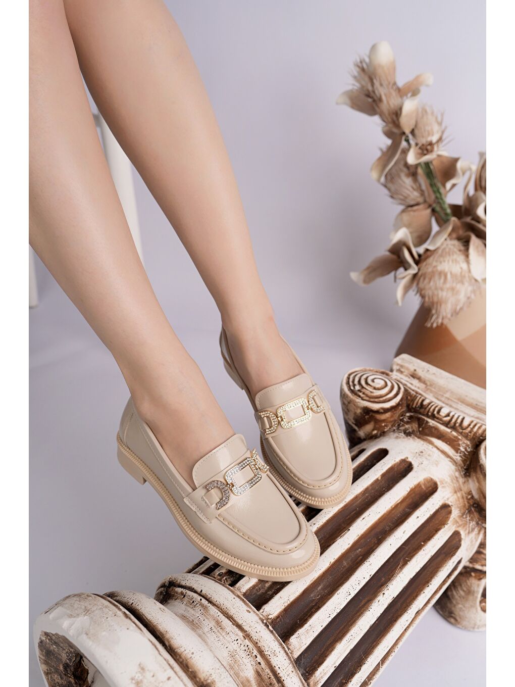 Bej ARVEN Metal Tokalı Taş Detaylı Günlük Kadın Günlük Loafer Ayakkabı-4