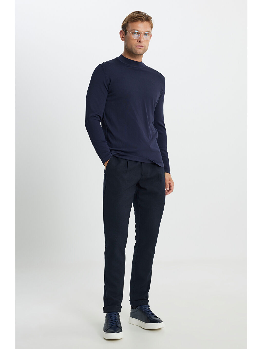 Erkek Lacivert Standart Fit Normal Kesim Yarım Balıkçı Yaka Basic Triko Kazak-1