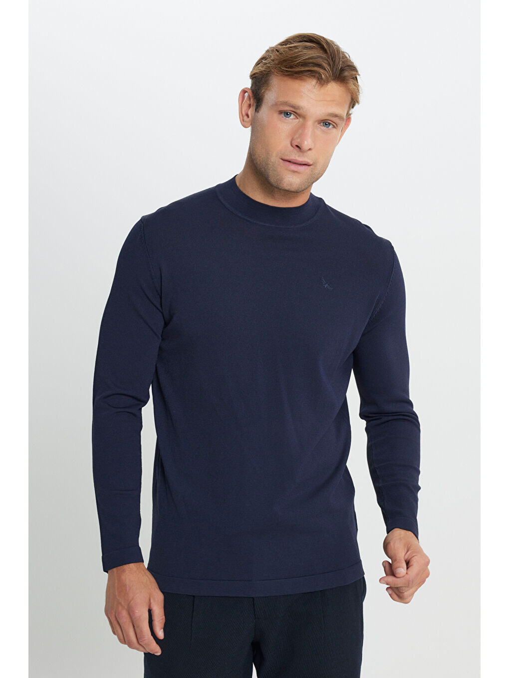 Erkek Lacivert Standart Fit Normal Kesim Yarım Balıkçı Yaka Basic Triko Kazak-2