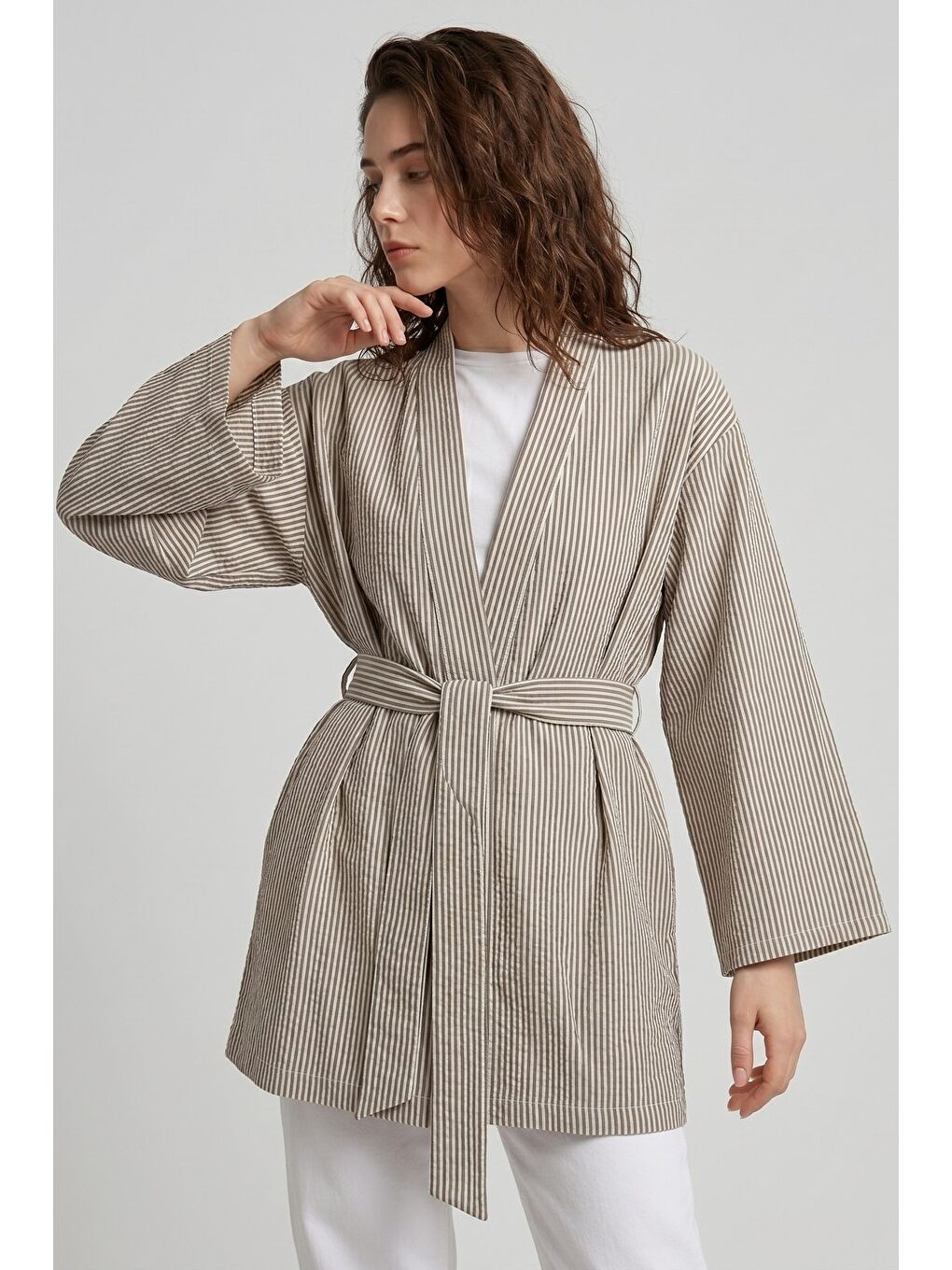 Kahverengi Kahve Kadın Dikey Çizgili Geniş Kollu Yazlık Relaxed Kimono-6