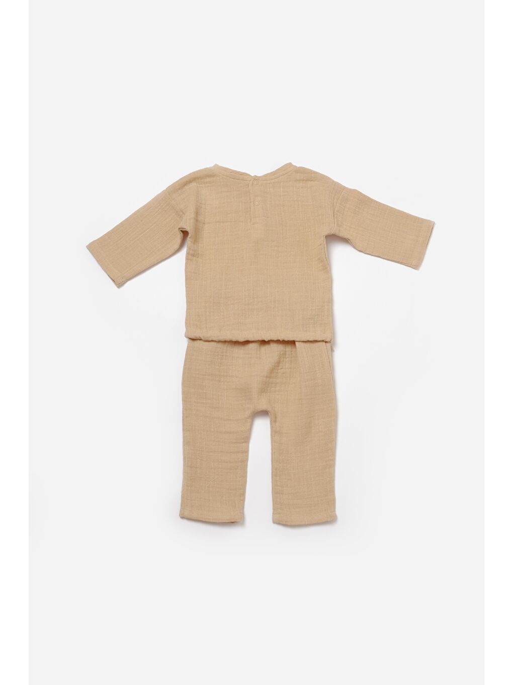 Kahverengi Unisex Bebek Pamuklu  Müslin İki Parça Takım - Kuzu Nakışlı Üst Ve Cepli Pantolon-1