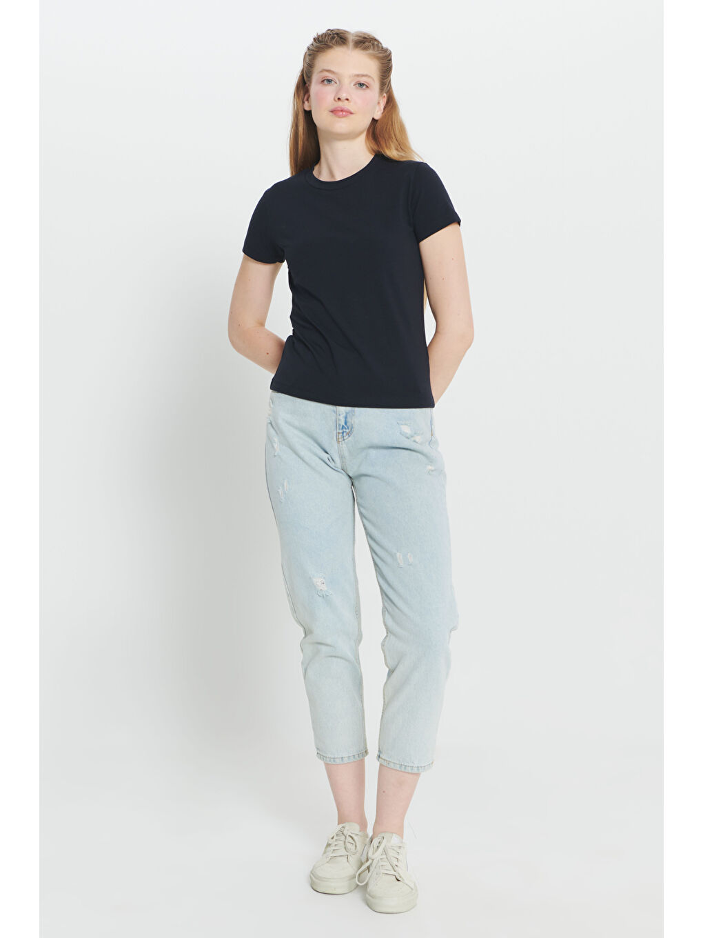 Lacivert Slim Fit Dar Kesim Pamuklu Esnek Bisiklet Yaka Tişört-1