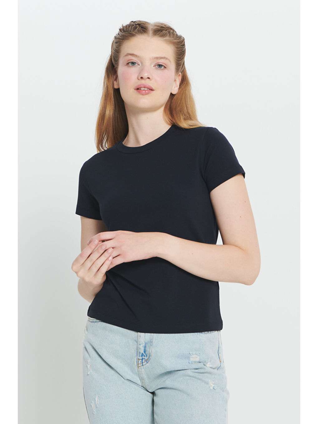 Lacivert Slim Fit Dar Kesim Pamuklu Esnek Bisiklet Yaka Tişört-2