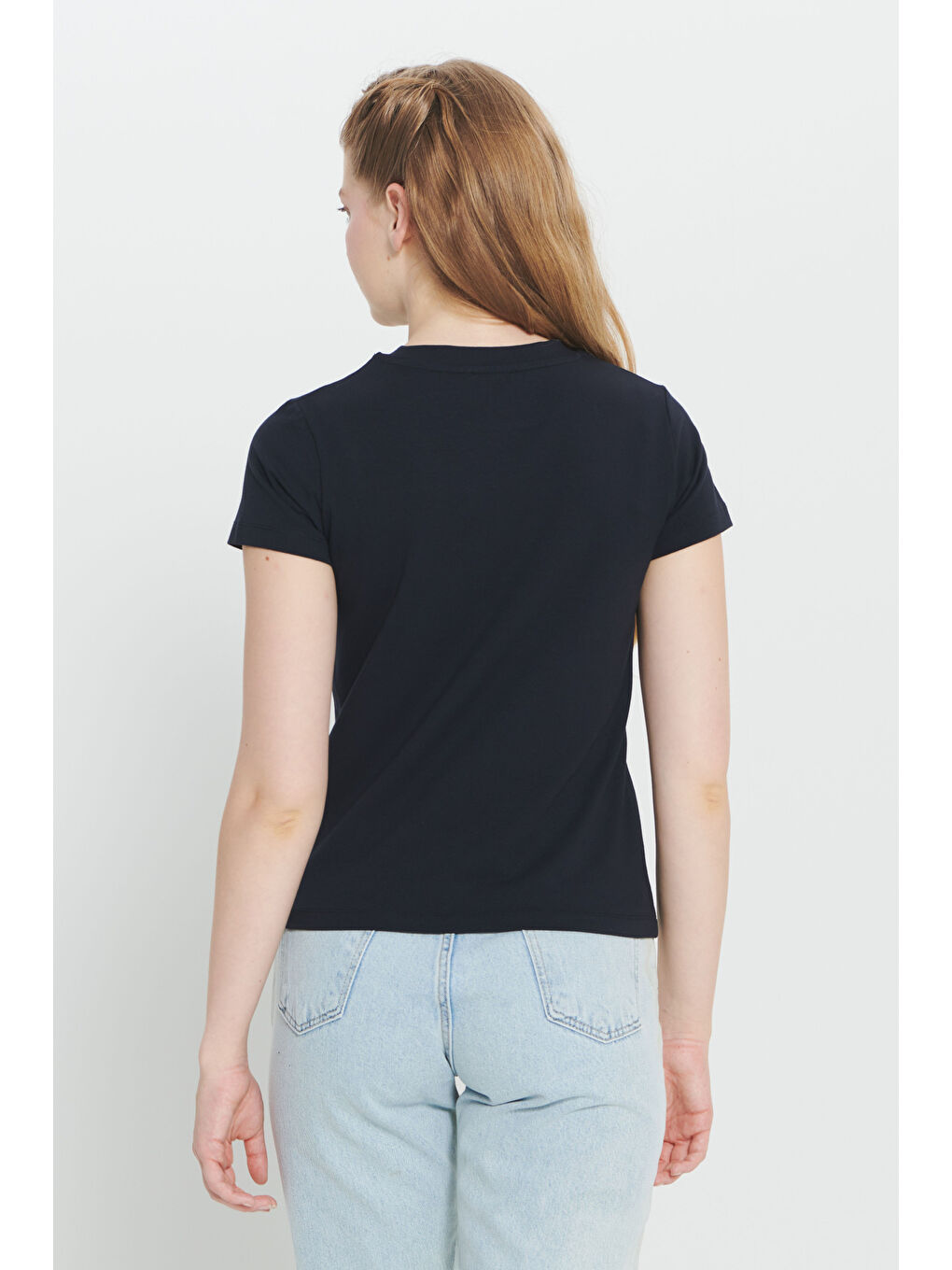 Lacivert Slim Fit Dar Kesim Pamuklu Esnek Bisiklet Yaka Tişört-4