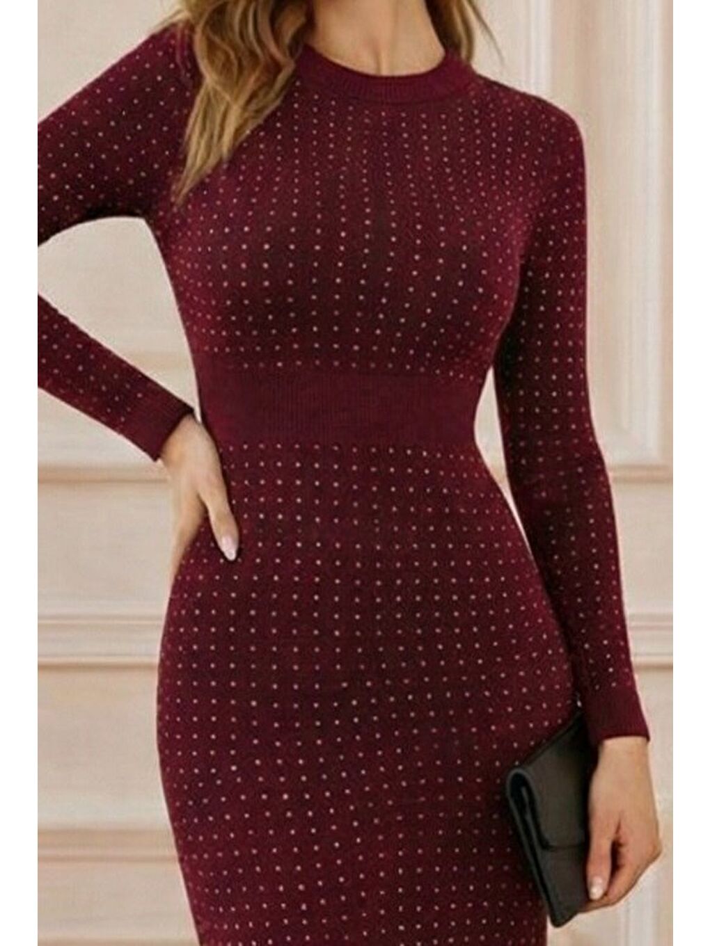 Bordo Kadın Uzun Kollu Bisiklet Yaka Taşlı Midi Kadife Elbise-1