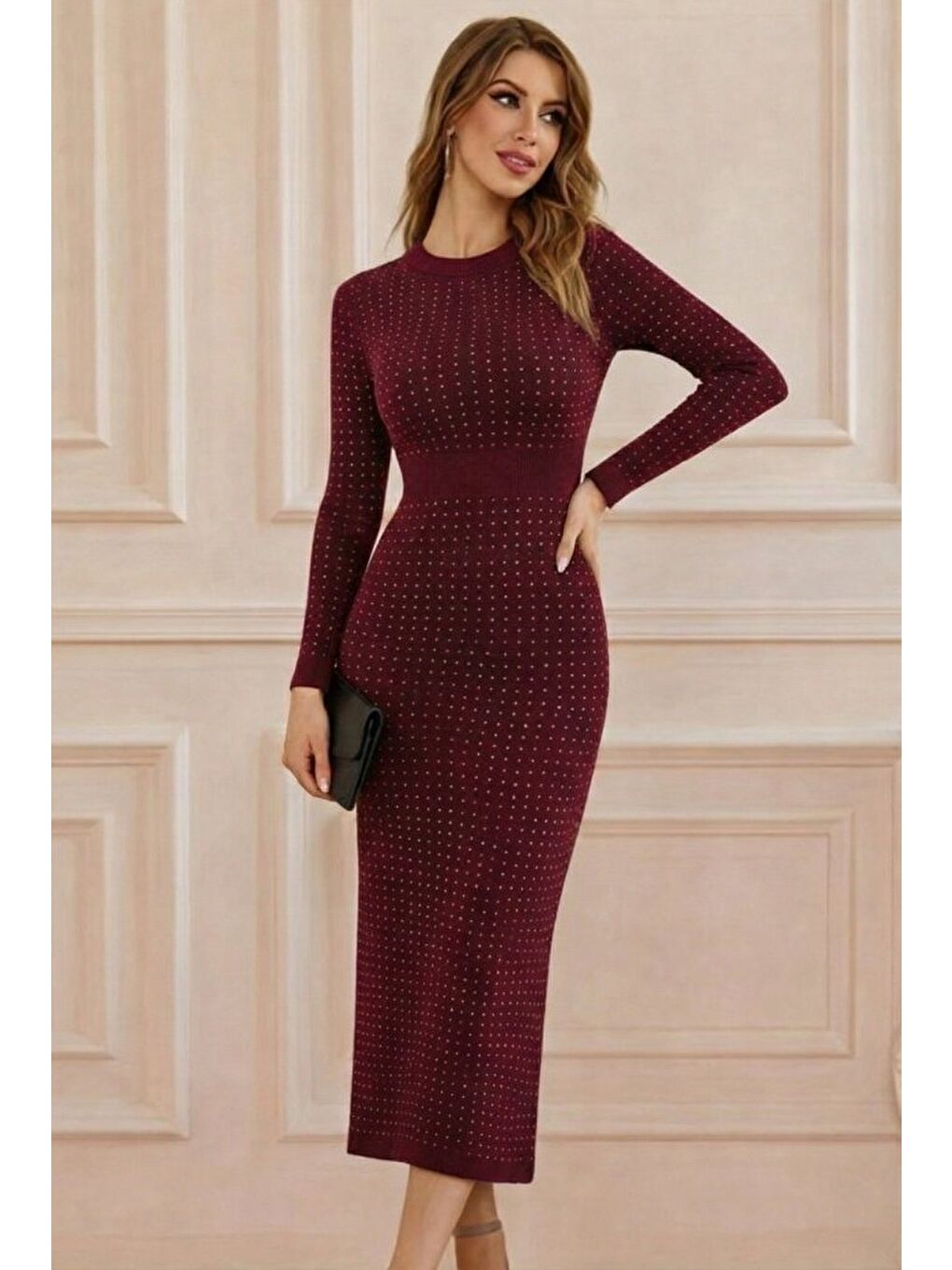 Bordo Kadın Uzun Kollu Bisiklet Yaka Taşlı Midi Kadife Elbise-2