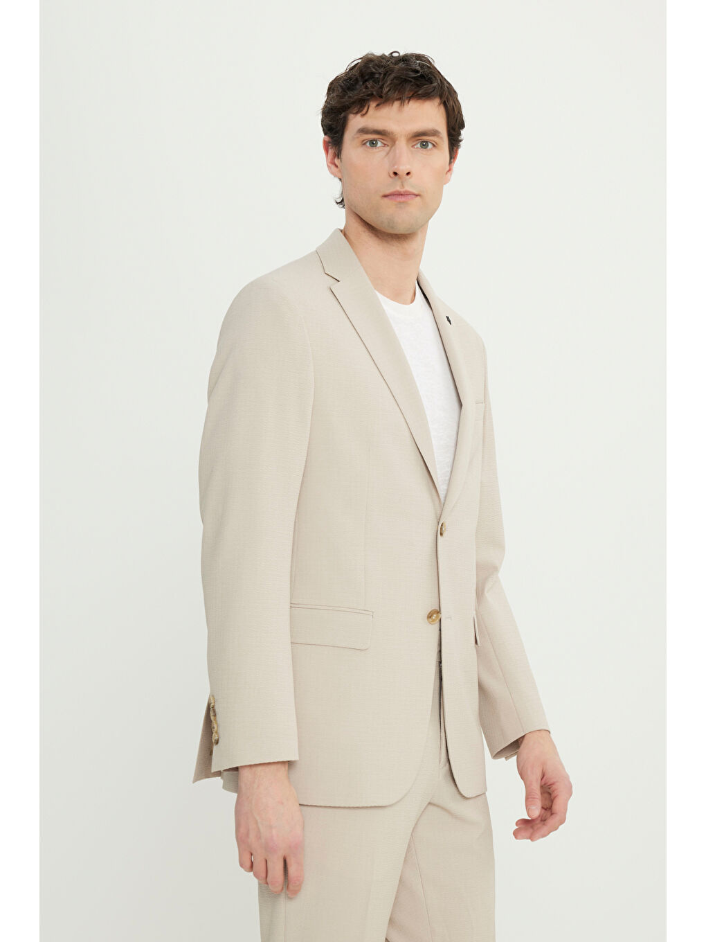 Erkek Bej Slim Fit Dar Kesim Mono Yaka Gofre Desenli Kapak Cepli Esnek Takım Elbise-2