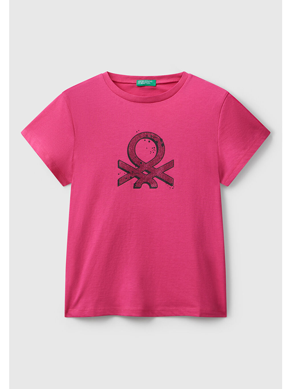 Kız Çocuk Pembe Parıltılı Logo Baskılı Ribana Yaka Regular Fit T-shirt