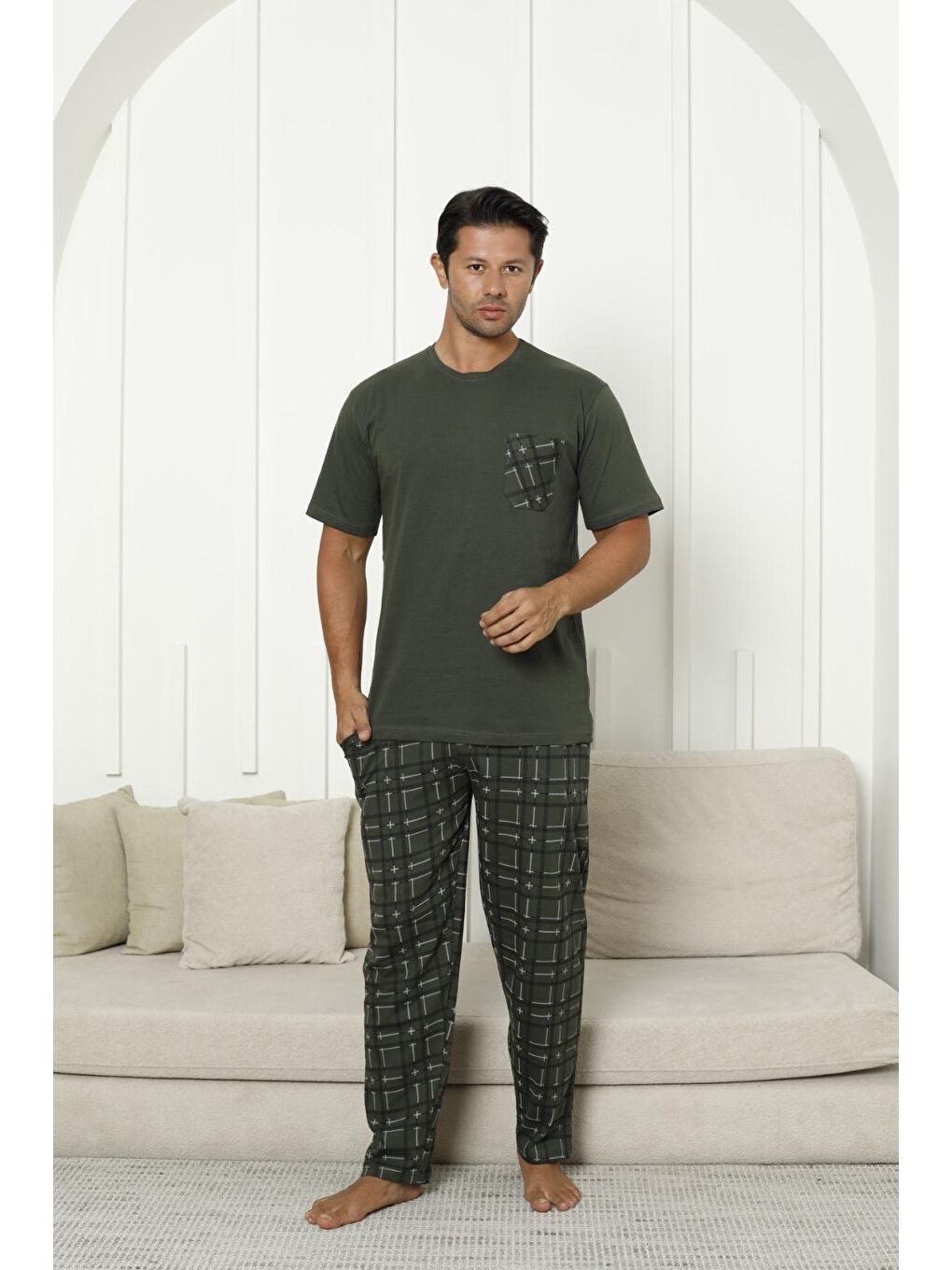 Haki Erkek %100 Organik Doğal Pamuk Ekose Cep Detaylı Yüksek Kalite Kısa Kollu Battal Pijama Takımı