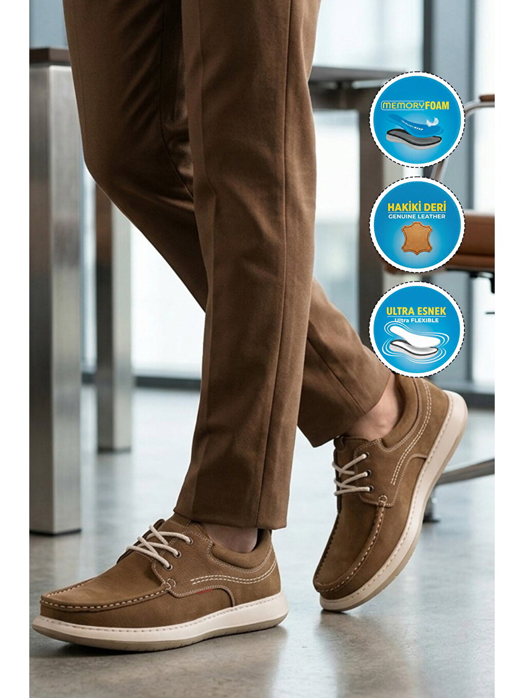 Ekru Erkek Kum Nubuk Memory Rahat Taban Hakiki Deri Bağcıklı Smart Casual Ayakkabı 6502 M-1
