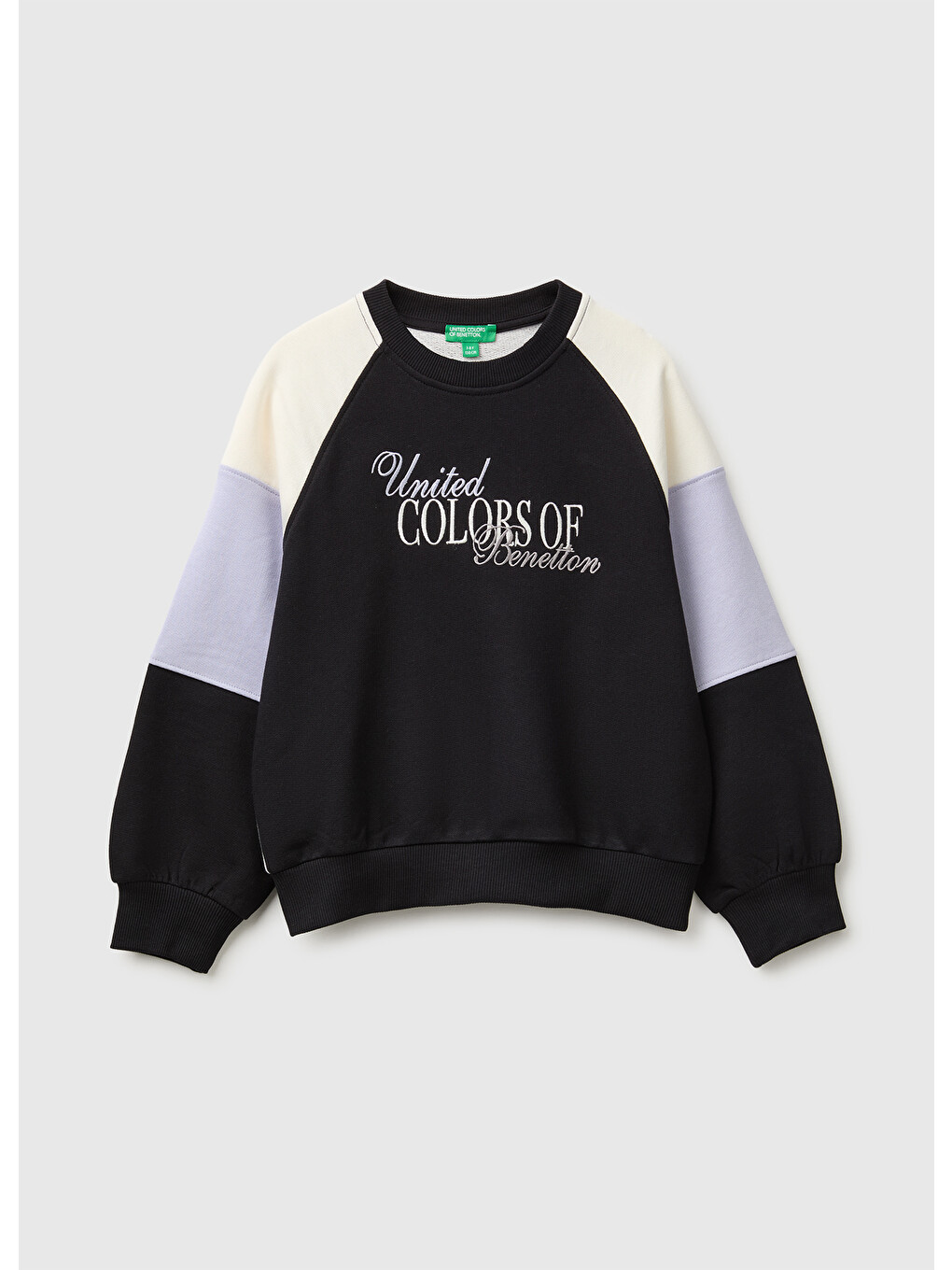 Kız Çocuk Siyah İşlemeli Renk Bloklu Reglan Kollu Bisiklet Yaka Sweatshirt