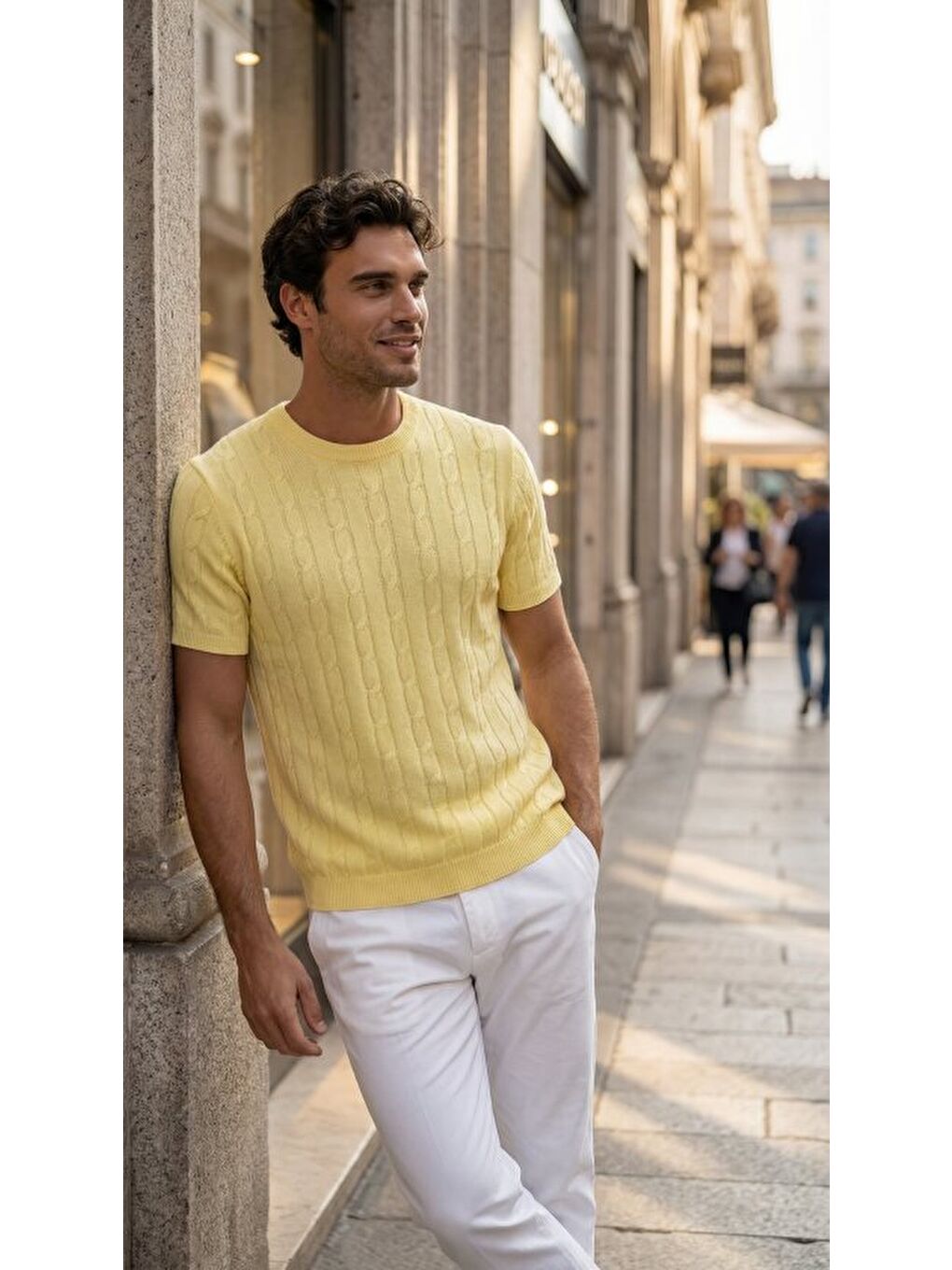 Sarı Erkek Bisiklet Yaka Triko Tişört-1