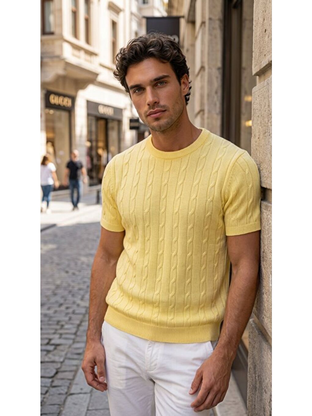 Sarı Erkek Bisiklet Yaka Triko Tişört-2