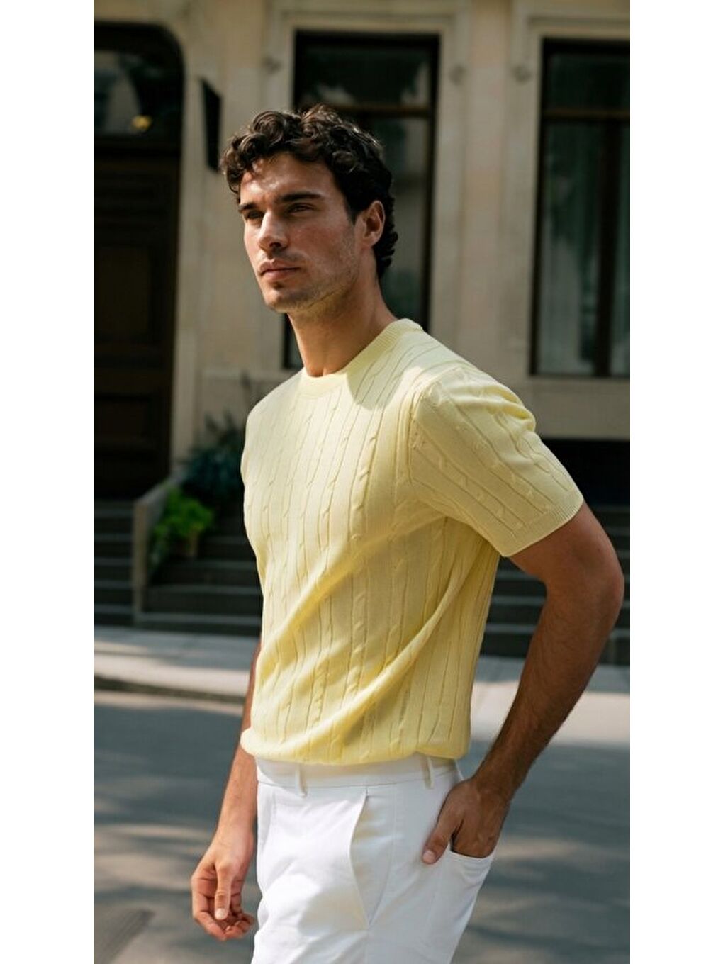 Sarı Erkek Bisiklet Yaka Triko Tişört-3