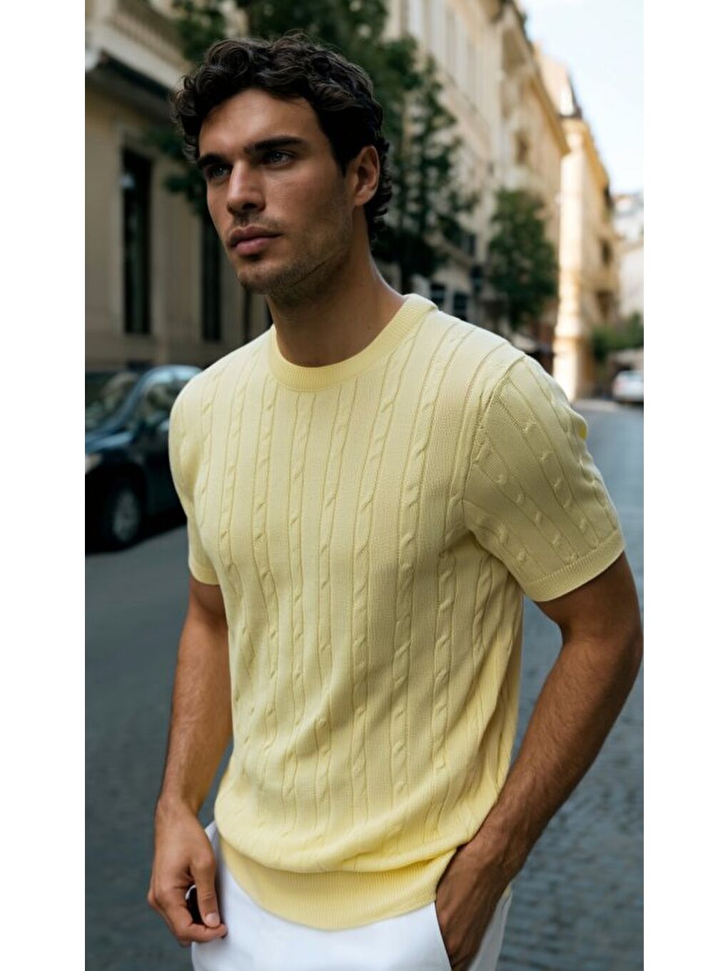 Sarı Erkek Bisiklet Yaka Triko Tişört-4