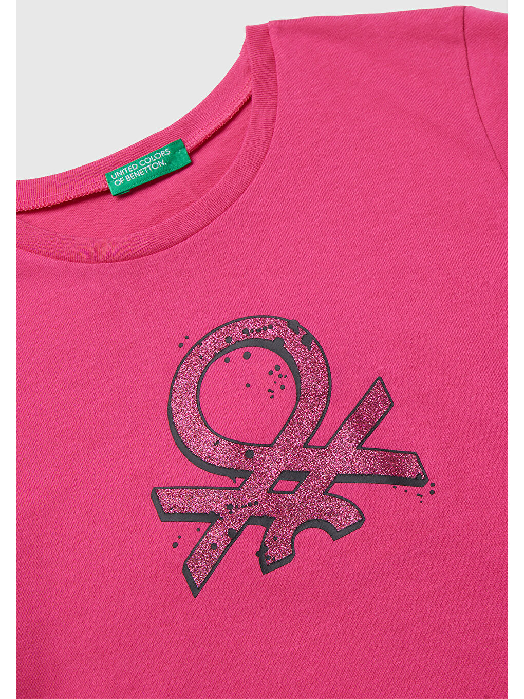 Kız Çocuk Pembe Parıltılı Logo Baskılı Ribana Yaka Regular Fit T-shirt-2