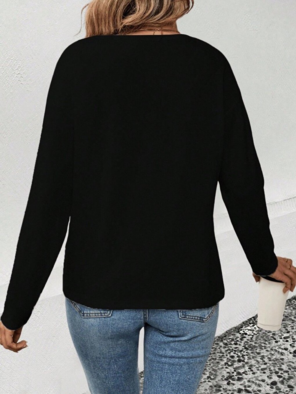 Siyah Kadın Uzun Kollu V Yakalı Leopar Detaylı Viskon Iki Iplik Bluz-1