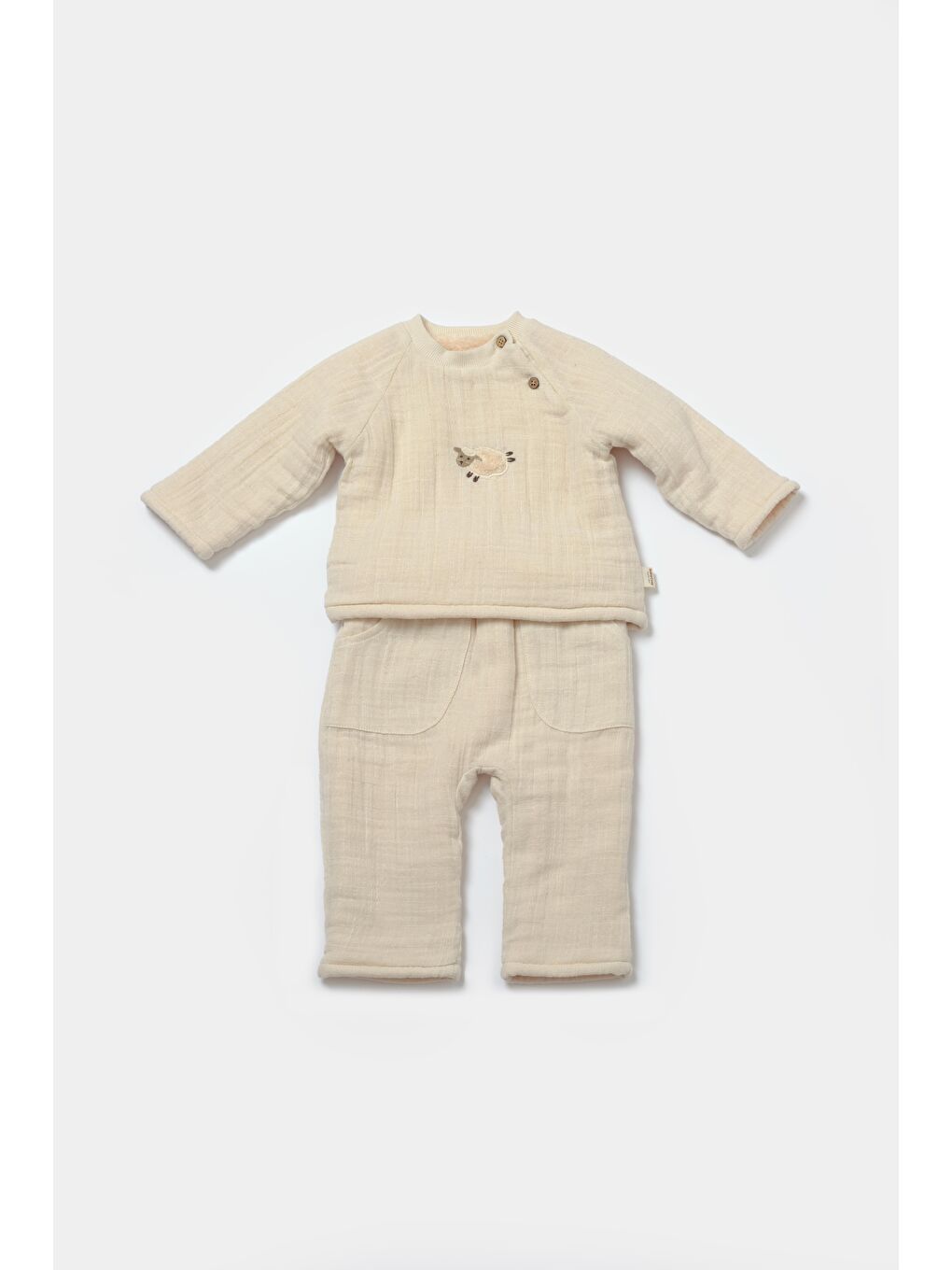 Unisex Bebek Pamuklu Ekru Kuzu Nakışlı Uzun Kollu Müslin Takım - Kışlık İç Astarlı-3