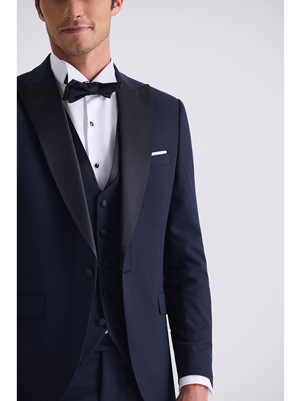 Lacivert Slim Fit Sivri Yaka Yelekli Smokin Takım Elbise-2