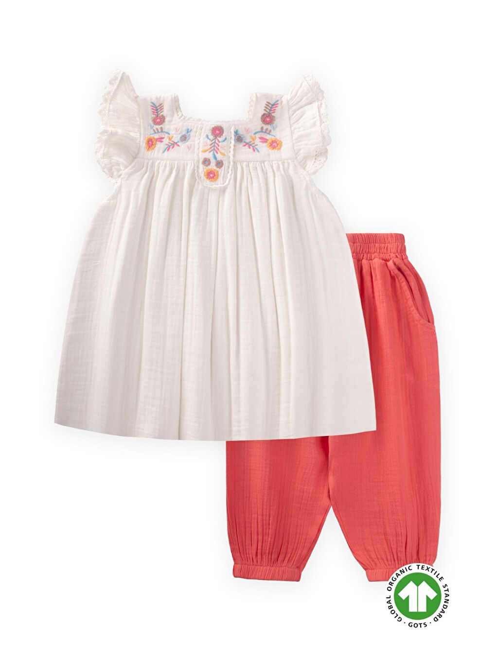 Nakışlı Organik Müslin Şalvarlı Takım 1-7 Yaş Ekru