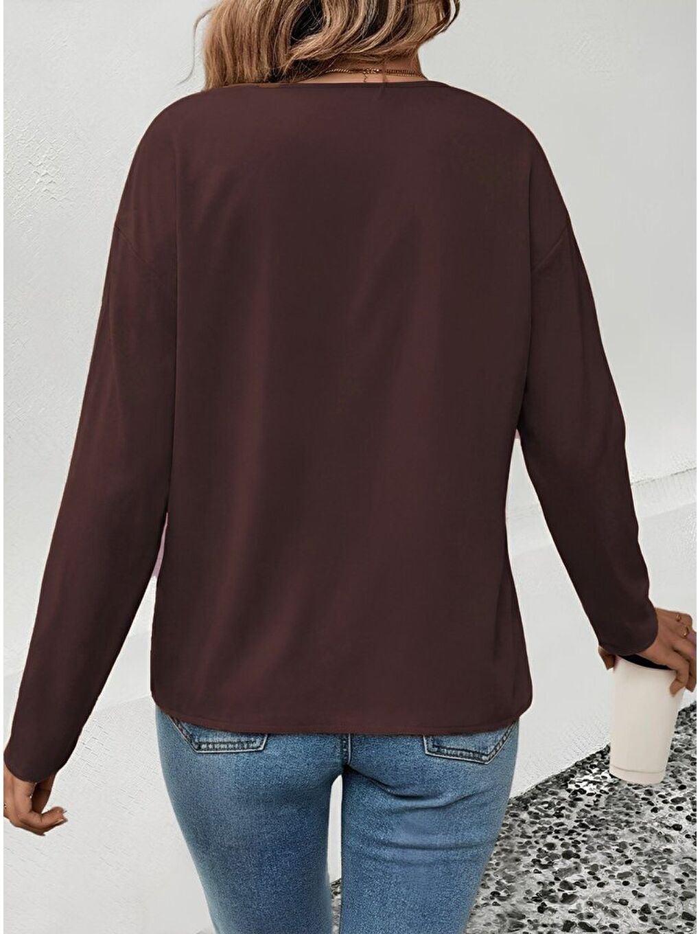 Kahverengi Kadın Uzun Kollu V Yakalı Leopar Detaylı Viskon Iki Iplik Bluz-1