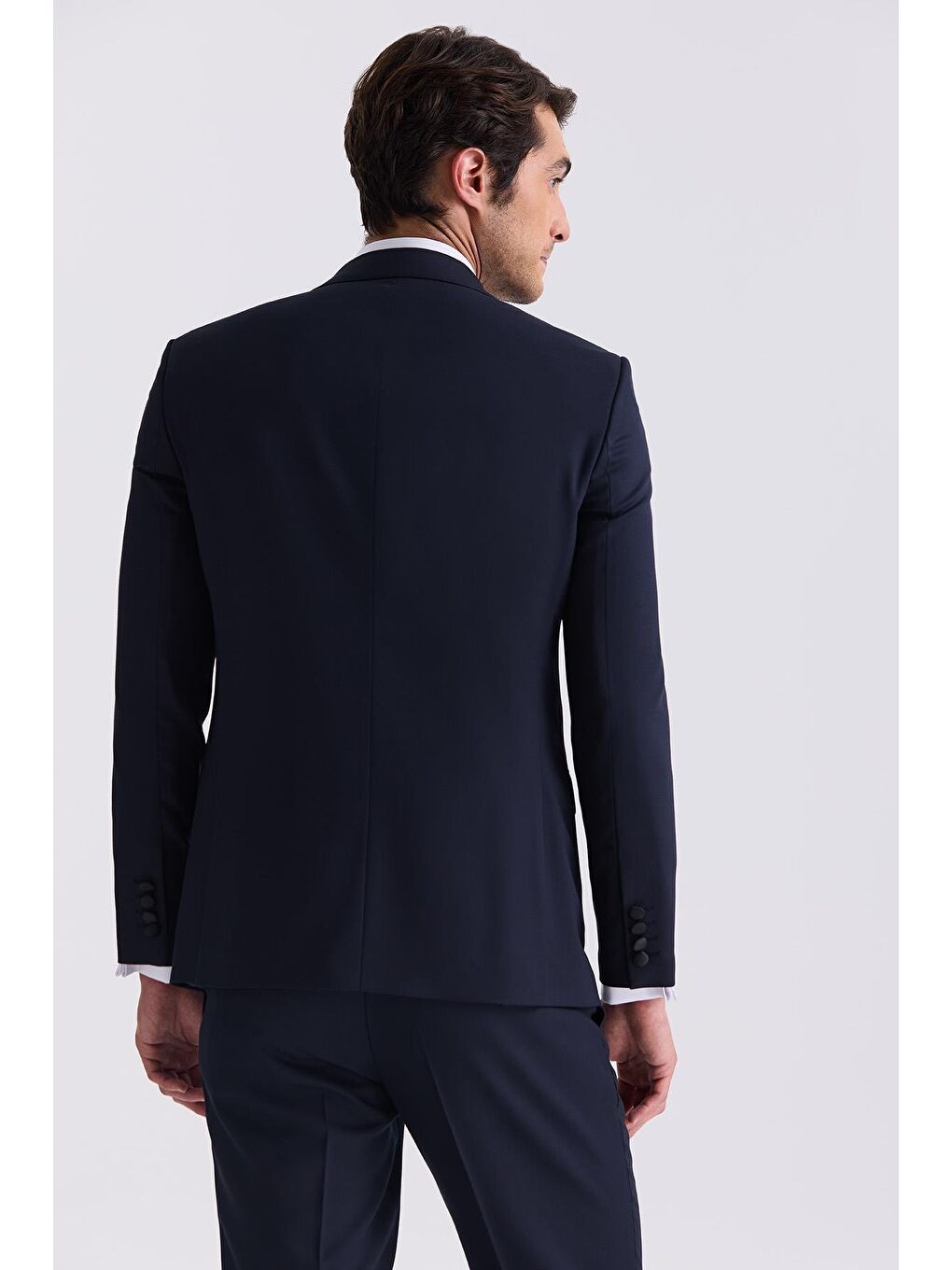 Lacivert Slim Fit Sivri Yaka Yelekli Smokin Takım Elbise-3