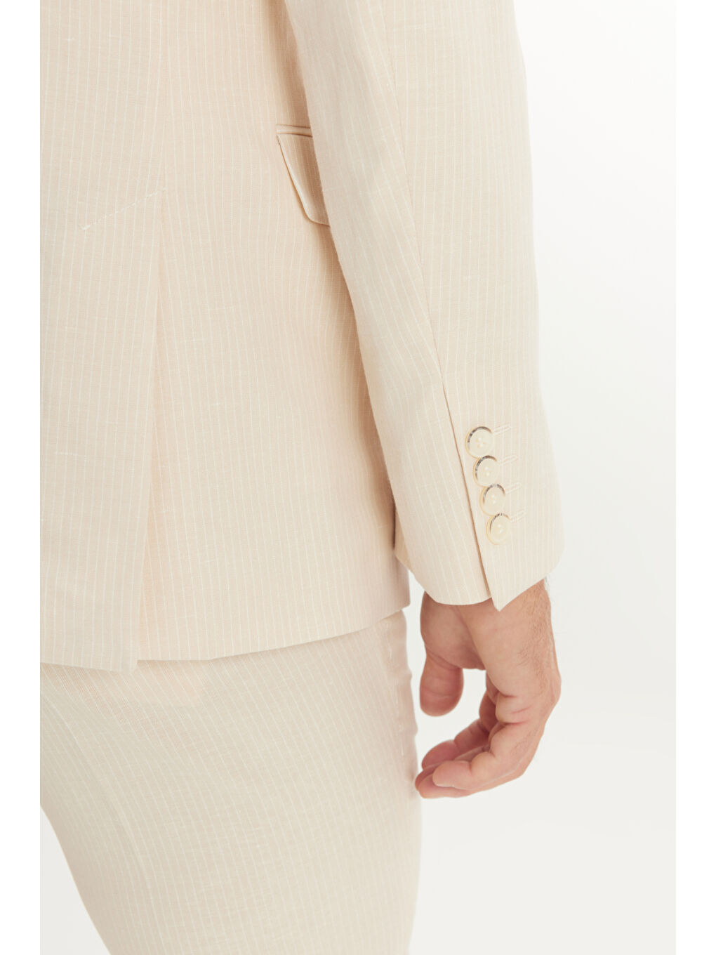 Erkek Bej Slim Fit Dar Kesim Kırlangıç Yaka Kapak Cepli Çizgili Esnek Takım Elbise-5