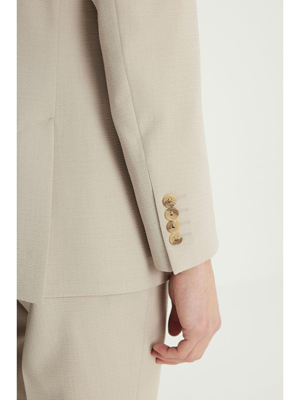 Erkek Bej Slim Fit Dar Kesim Mono Yaka Gofre Desenli Kapak Cepli Esnek Takım Elbise-6