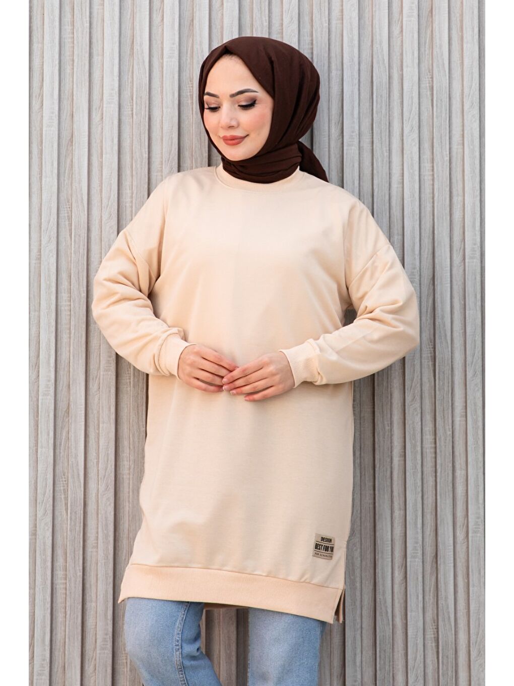 Ekru Armalı Yırtmaç Detaylı Vortex Tunik Krem - 27952-KREM