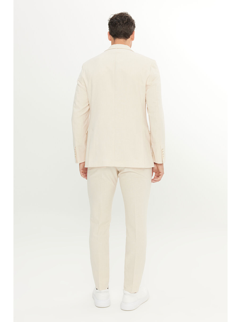 Erkek Bej Slim Fit Dar Kesim Kırlangıç Yaka Kapak Cepli Çizgili Esnek Takım Elbise-6