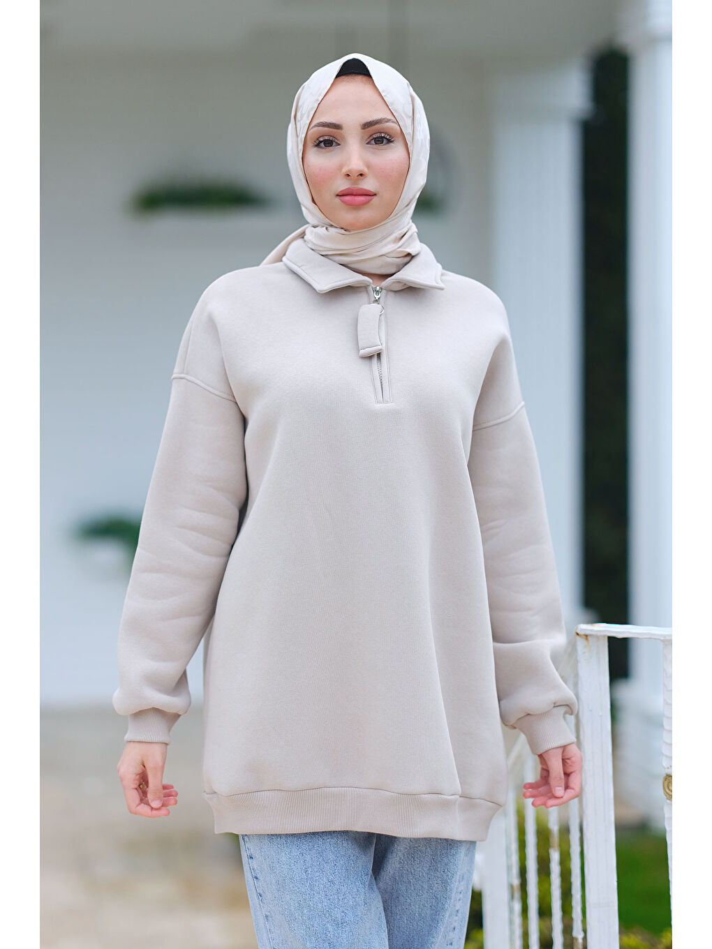 Ekru Yarım Fermuar Detay Sweat Krem-1