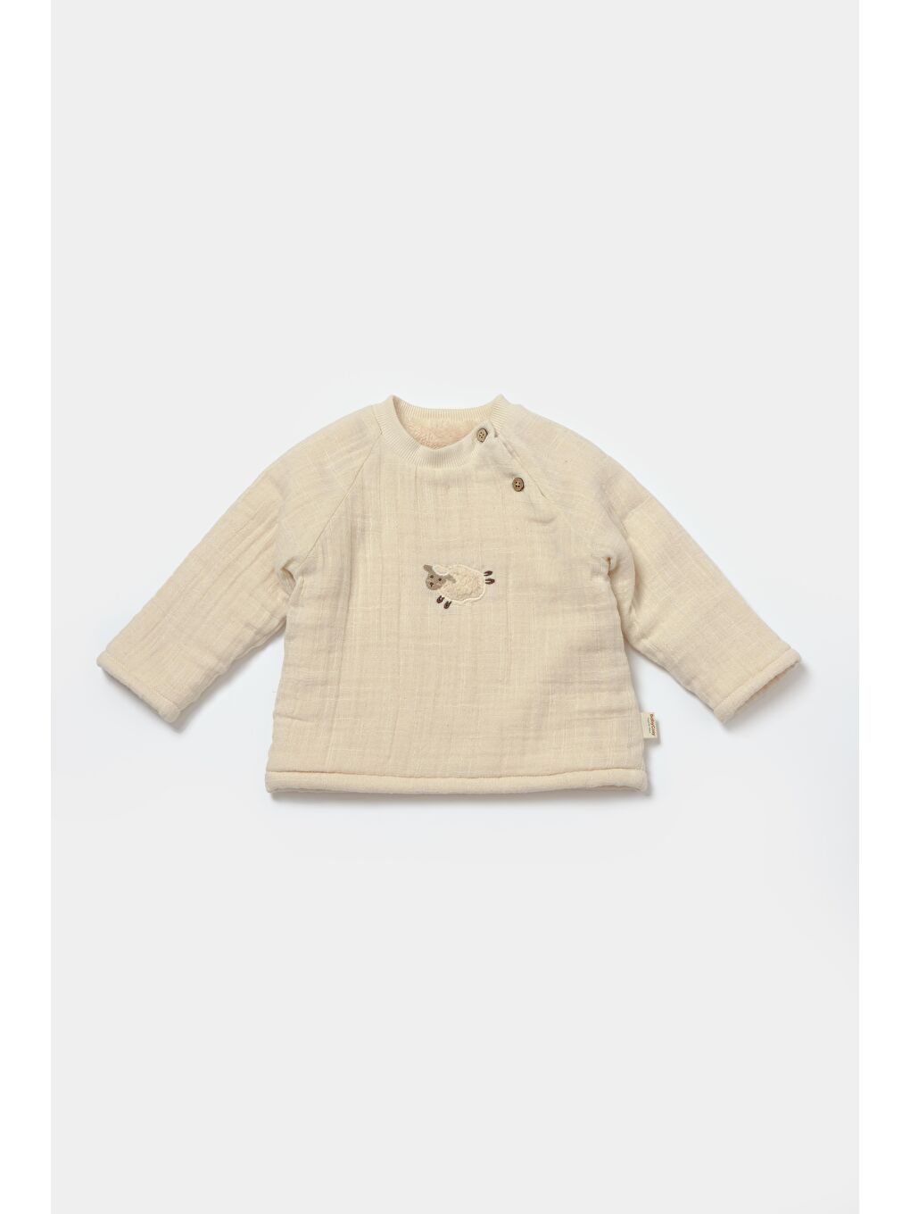 Unisex Bebek Pamuklu Ekru Kuzu Nakışlı Uzun Kollu Müslin Takım - Kışlık İç Astarlı-4
