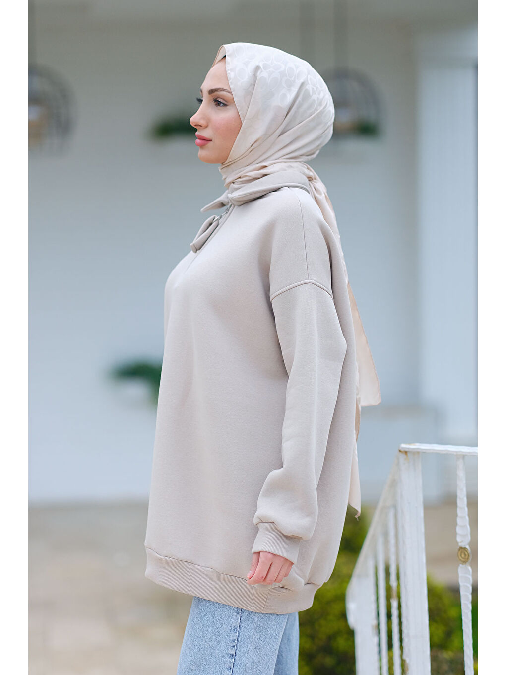 Ekru Yarım Fermuar Detay Sweat Krem-2